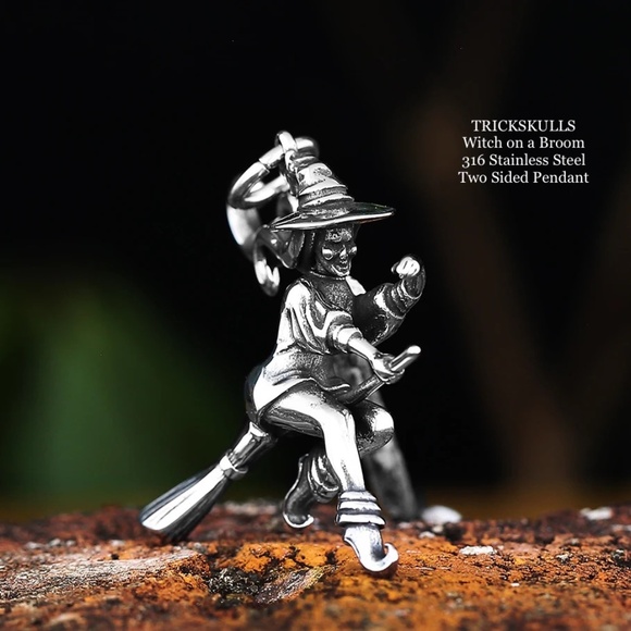 Witch on a Broom Wiccan 316 Stainless Steel 3D Two Sided + 60 cm Round Box Chain - Picture 3 of 8